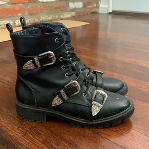 Black dolls kill buckle detailed combat boots